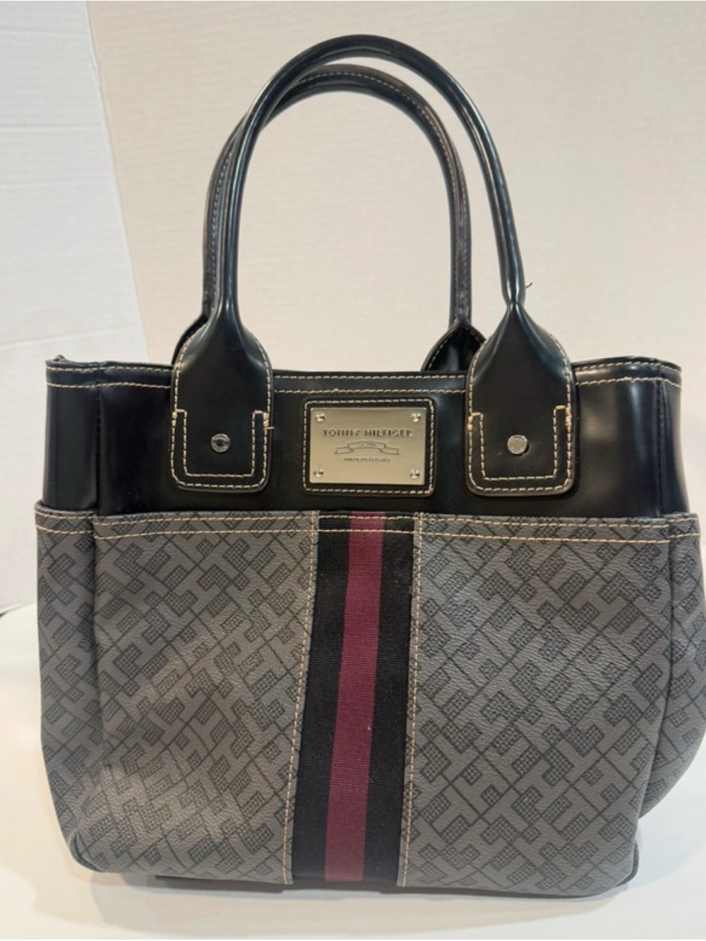 Tommy Hilfiger Gray Logo Tote with Black Trim and Burgundy Stripe